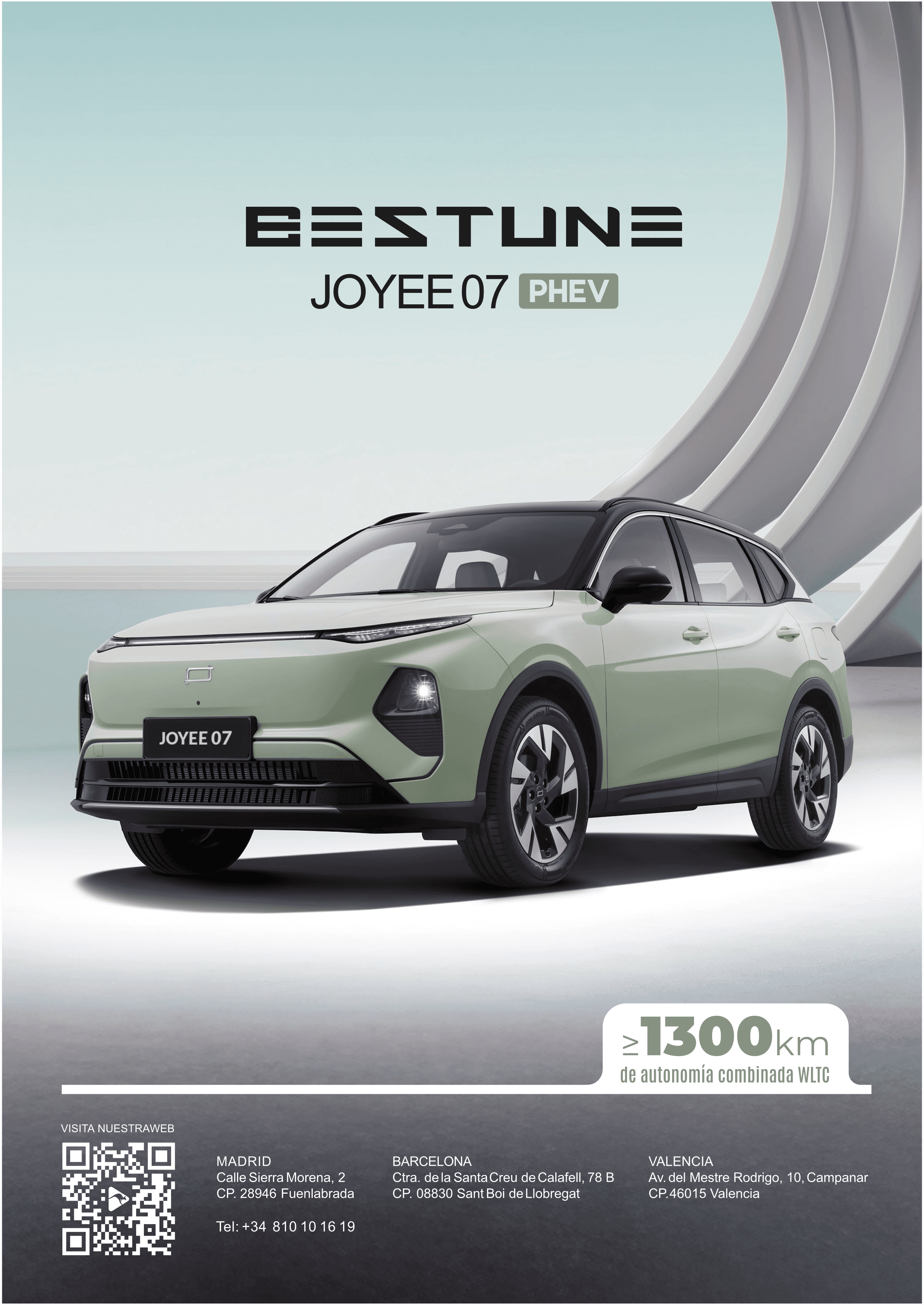 SUV Bestune Joyee 07 PHEV verde claro en un entorno minimalista con estructuras blancas curvas.
